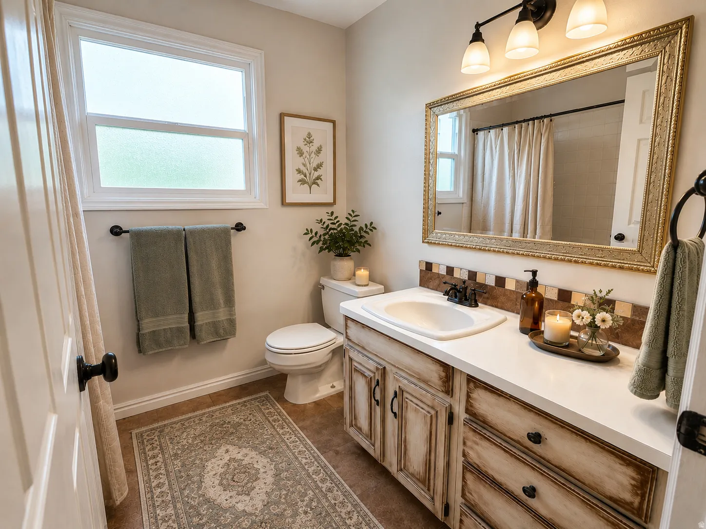 Bathroom featuring a distressed wood-finish vanity with a white countertop and integrated sink