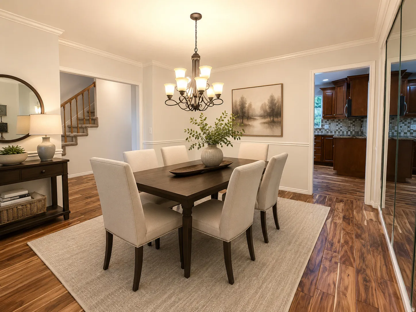 Dining area featuring wood-finish flooring, a traditional chandelier, and wainscoting