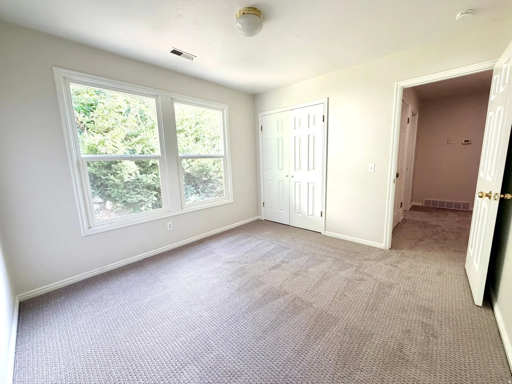 Carpeted room with double windows, bifold closet doors, and a ceiling-mounted light fixture