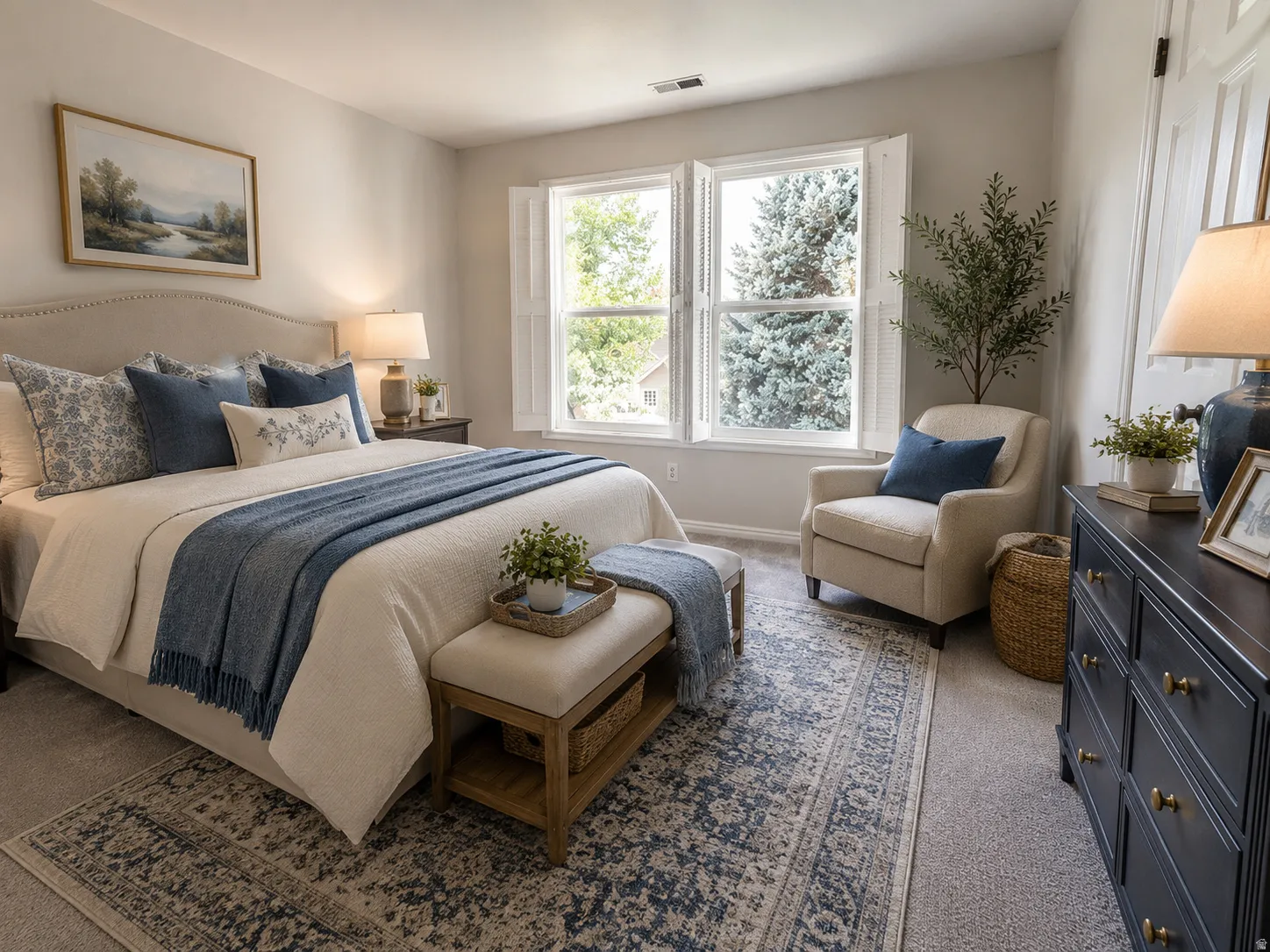 Light-filled room featuring carpet flooring and multiple windows with white plantation shutters