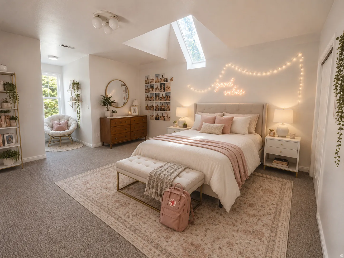 Bedroom featuring a skylight, window, and wall-to-wall carpeting