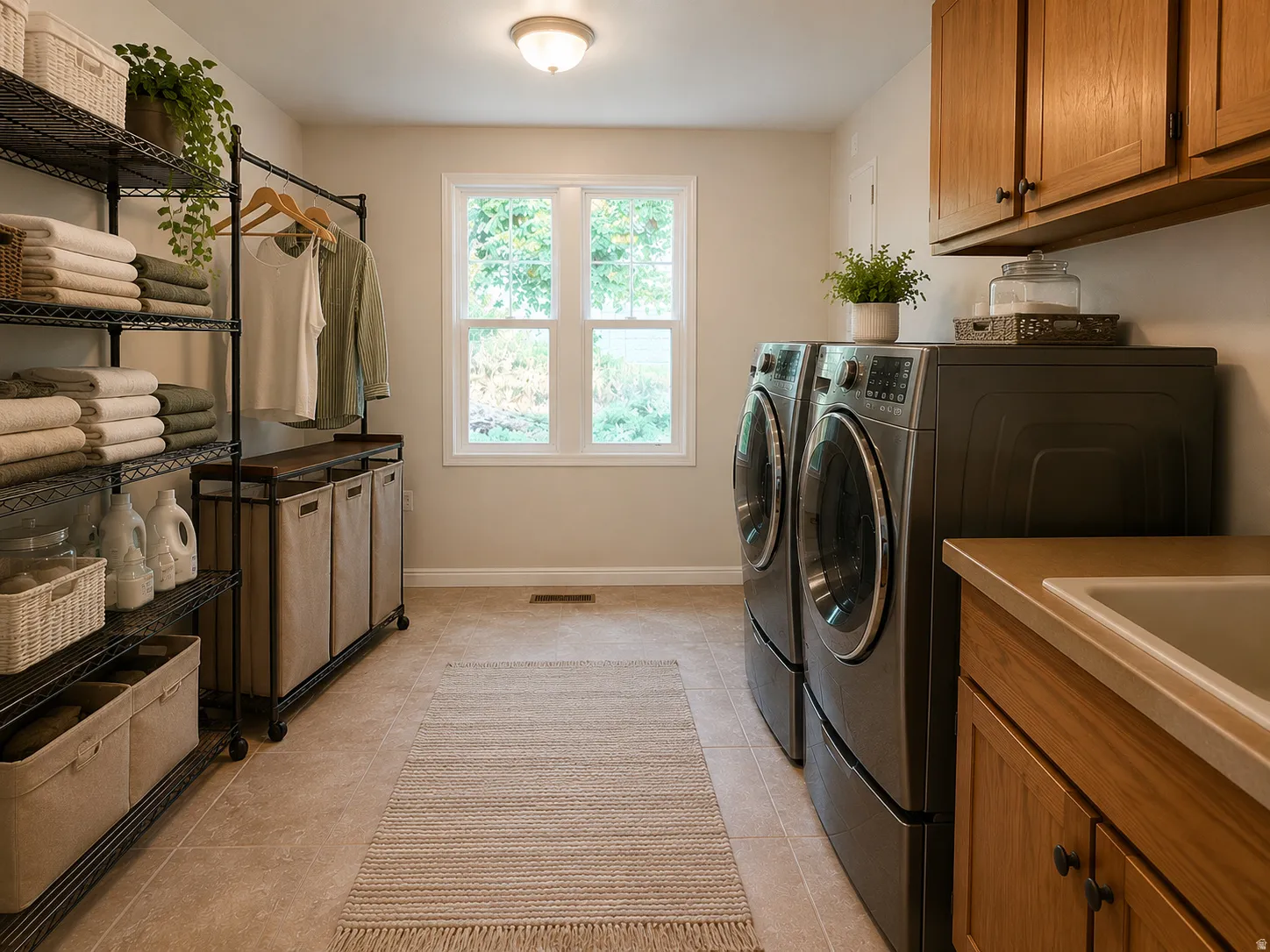 Bright laundry room featuring tile flooring, built-in cabinetry, a utility sink, and a double window
