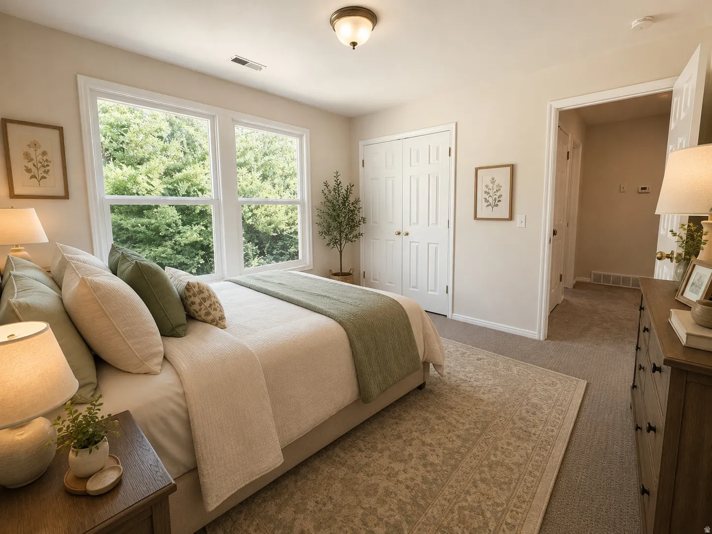 Bright room featuring large windows, neutral-toned walls, and soft carpet flooring