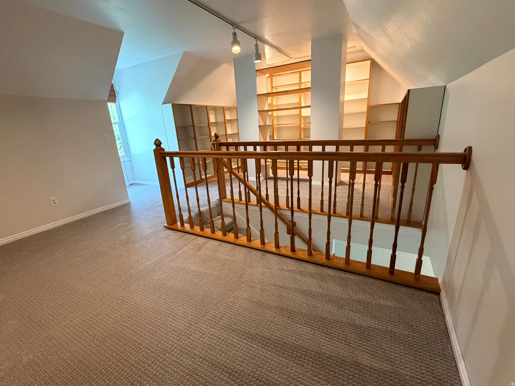Carpeted upper-level space featuring wood railings, track lighting, and built-in shelving