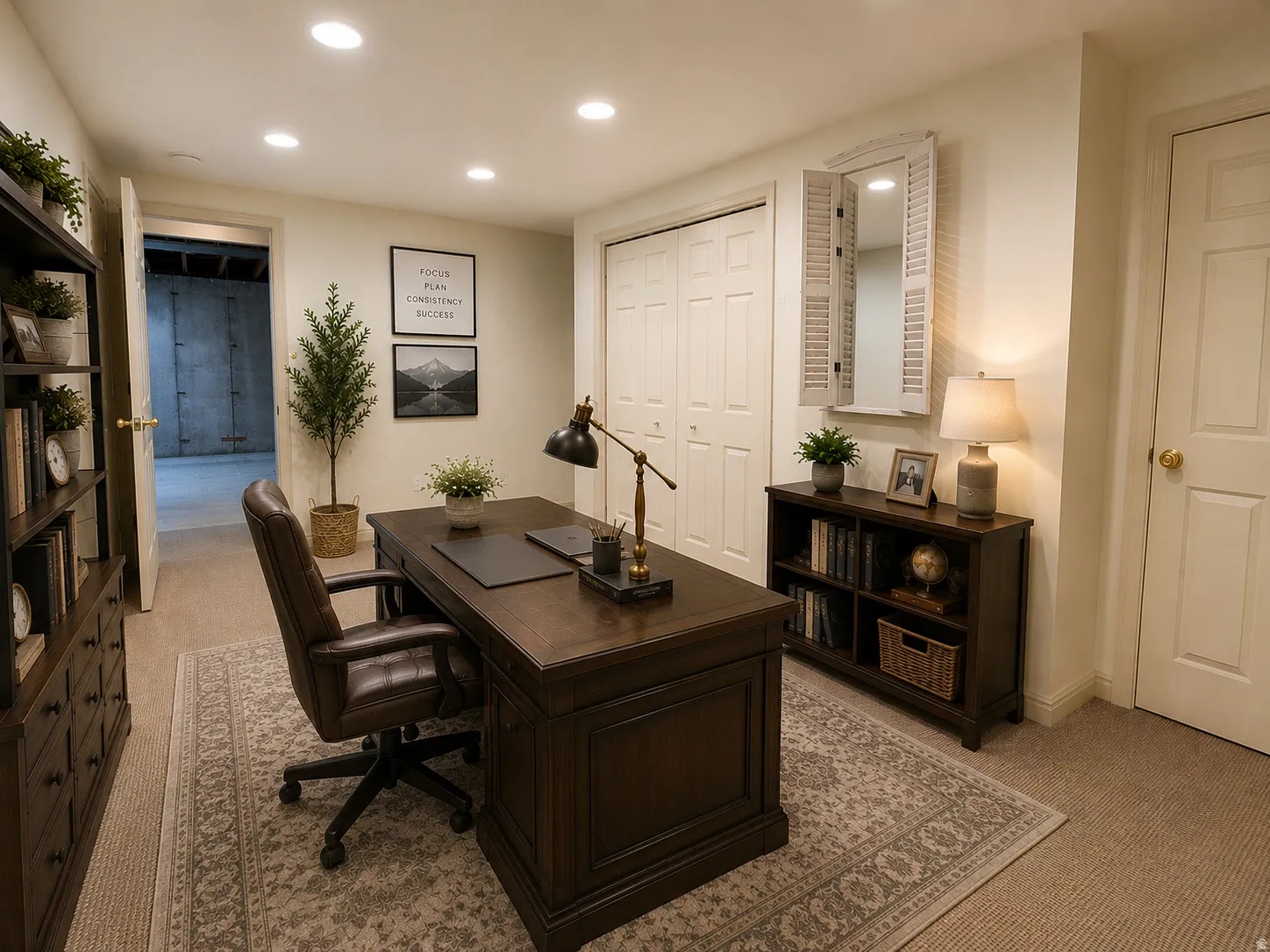 Versatile room featuring recessed lighting, plush carpeting, bi-fold closet doors, and solid interior doors