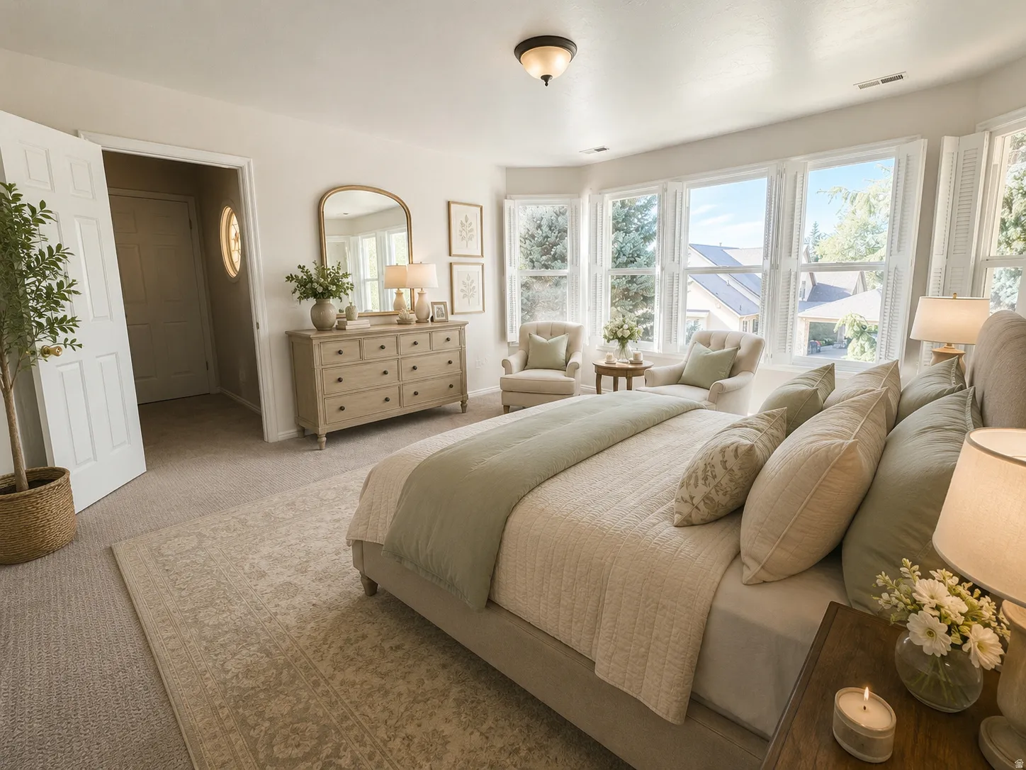 Carpeted room featuring a bay window with multiple panes, white plantation shutters, and a flush-mount ceiling light fixture