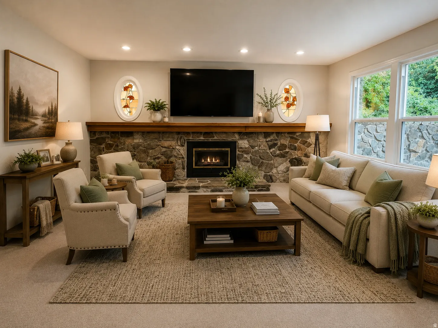 Living room featuring a stone-clad fireplace with a gas insert, a substantial wood mantel, and recessed lighting