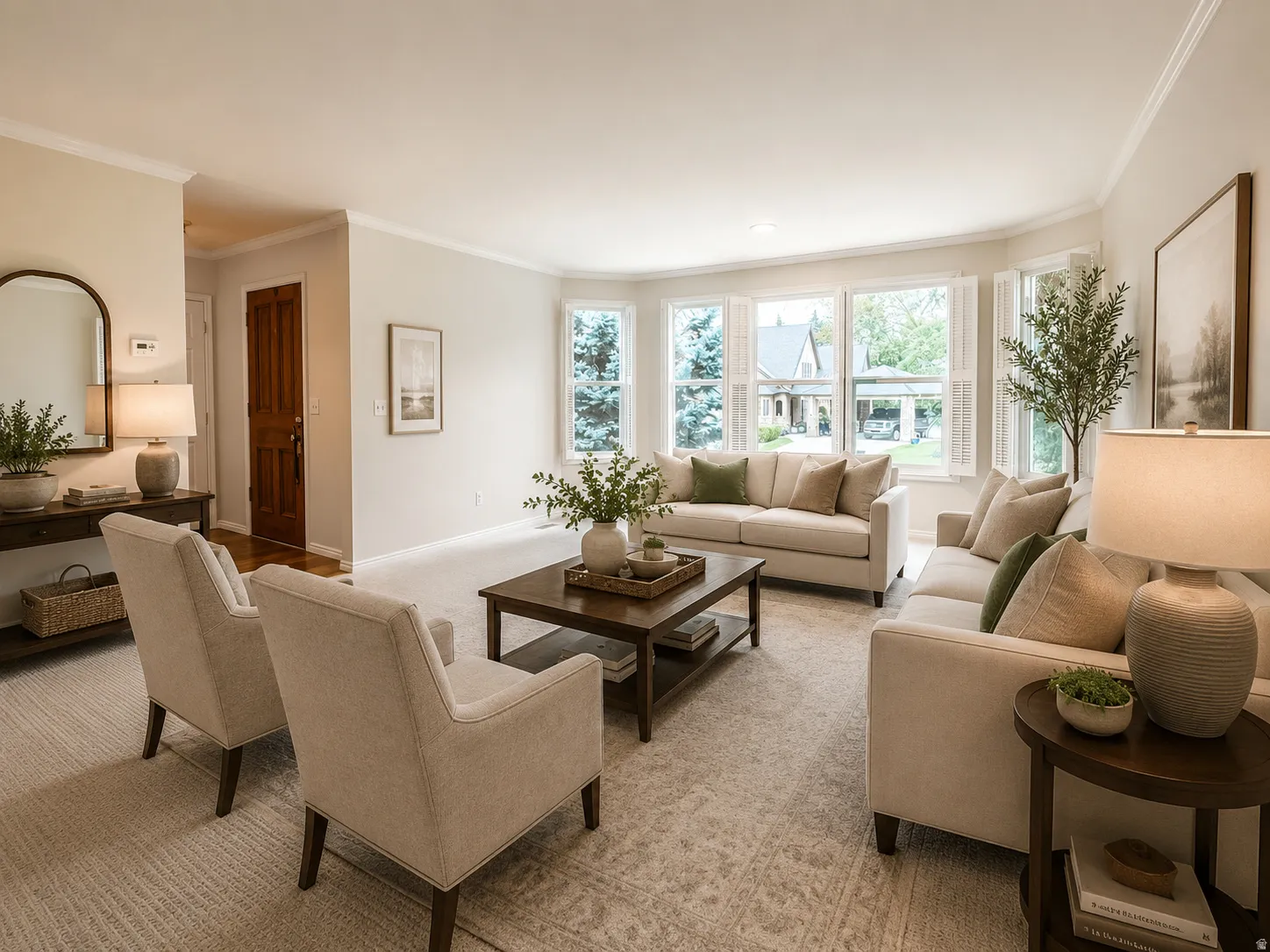 Bright living area featuring a bay window, crown molding, light neutral wall colors, and wood-finish flooring
