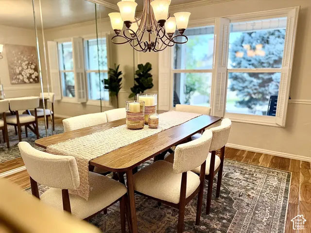 Wood-finish flooring with a decorative area rug
