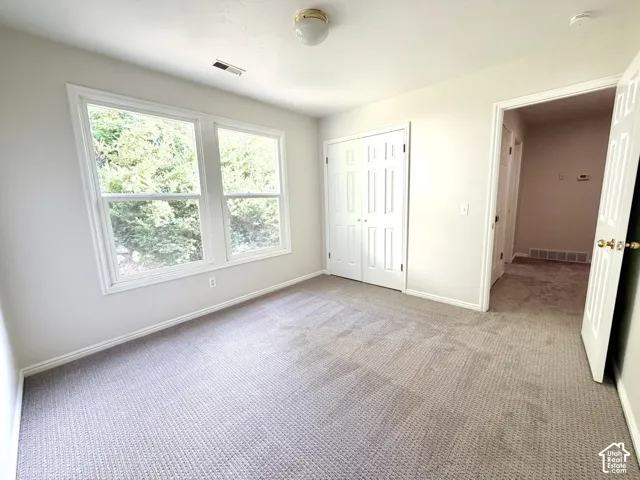 Carpeted room with double windows, bifold closet doors, and a ceiling-mounted light fixture