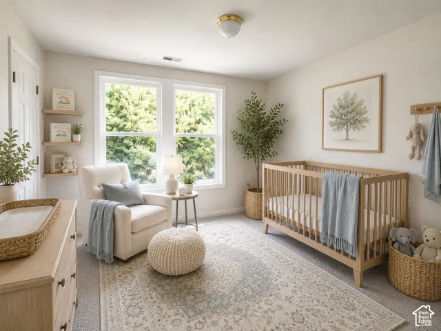 Light-filled room featuring two large windows, neutral wall tones, recessed lighting, and soft grey carpeting