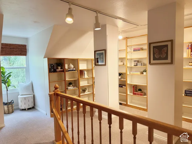 Built-in shelving, track lighting, wood-finish railing, and light-colored carpeting