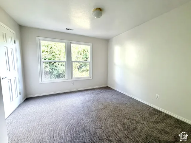 Room featuring dual windows, neutral-toned carpeting, white trim, and a ceiling-mounted light fixture