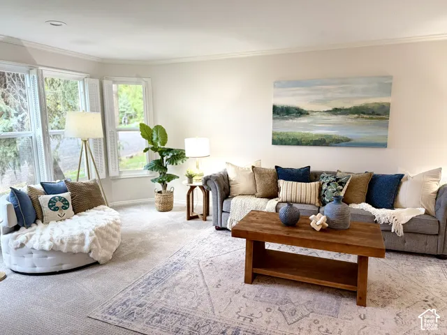 Plush carpet flooring, crown molding, bay window with plantation shutters, recessed lighting, and a wood coffee table with lower storage