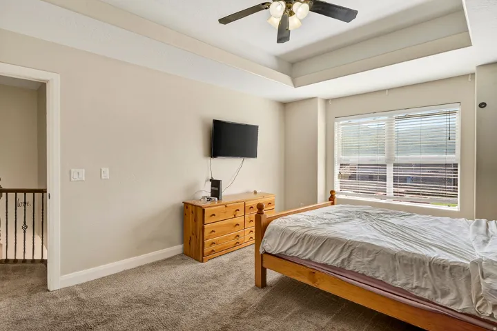 Carpeted room featuring a recessed tray ceiling with a ceiling fan, a large window with blinds, and neutral-toned walls