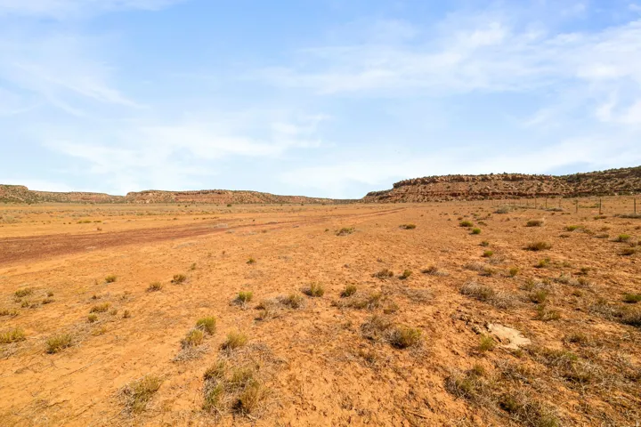 Expansive desert landscape featuring reddish-brown soil and sparse vegetation