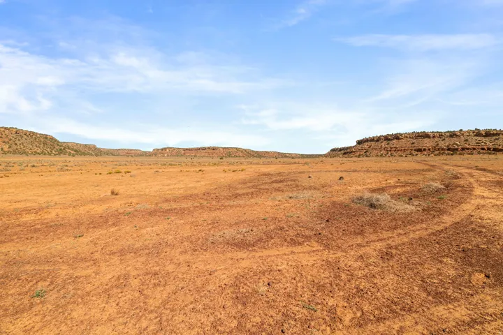 Expansive open land featuring a red earth terrain and distant mesa formations under a clear blue sky