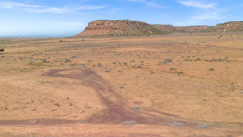 Expansive open land featuring natural desert vegetation, a visible dirt path, and distant mesa formations under a clear sky