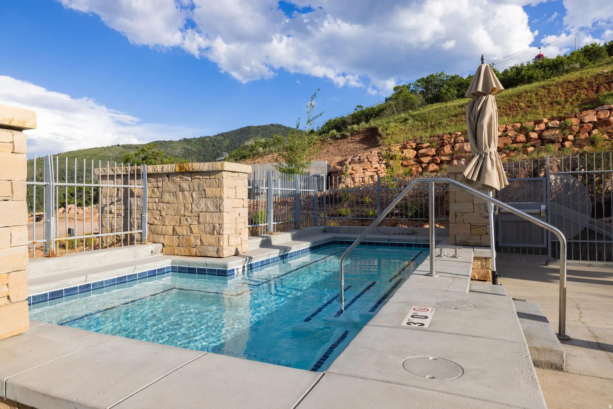 Outdoor pool with concrete decking and integrated handrails