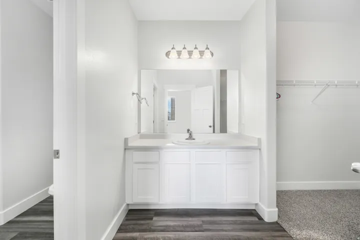 Vanity with white cabinetry, a single basin, and a light-toned countertop
