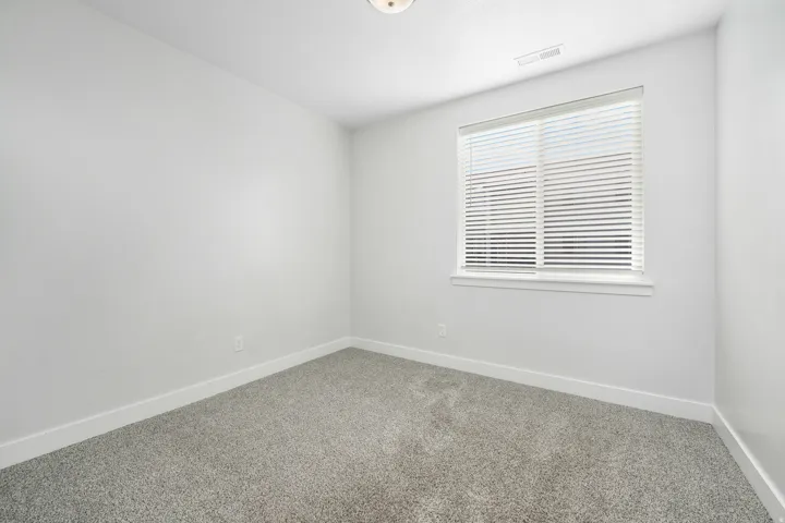 Bright interior space featuring a window with white blinds, light gray carpeting, crisp white walls, and a ceiling-mounted light fixture