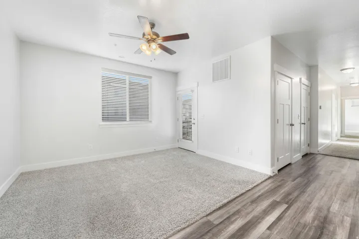 Light gray carpeted flooring paired with a wood-finish flooring entryway