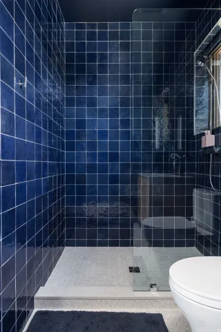 Shower enclosure featuring blue square wall tiles and a light-colored shower pan