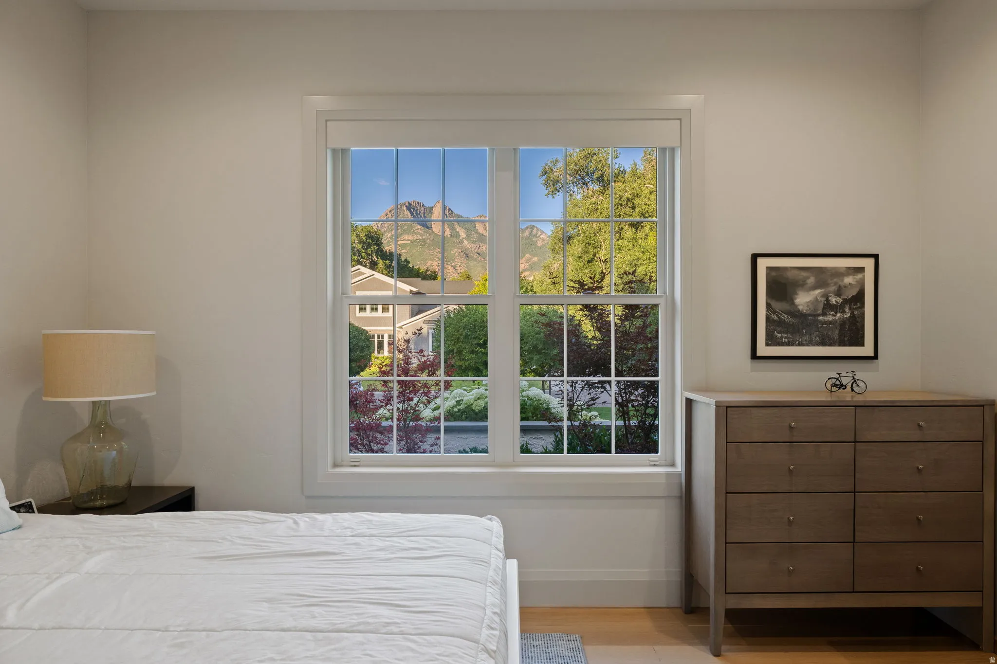 Double-hung window with muntins providing natural light, framed by white trim, and showcasing a mountain backdrop