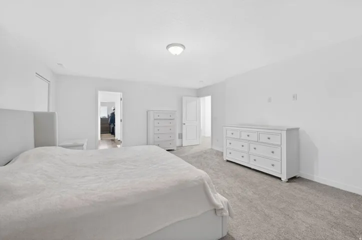 Expansive bedroom featuring neutral carpeting and white wall finishes