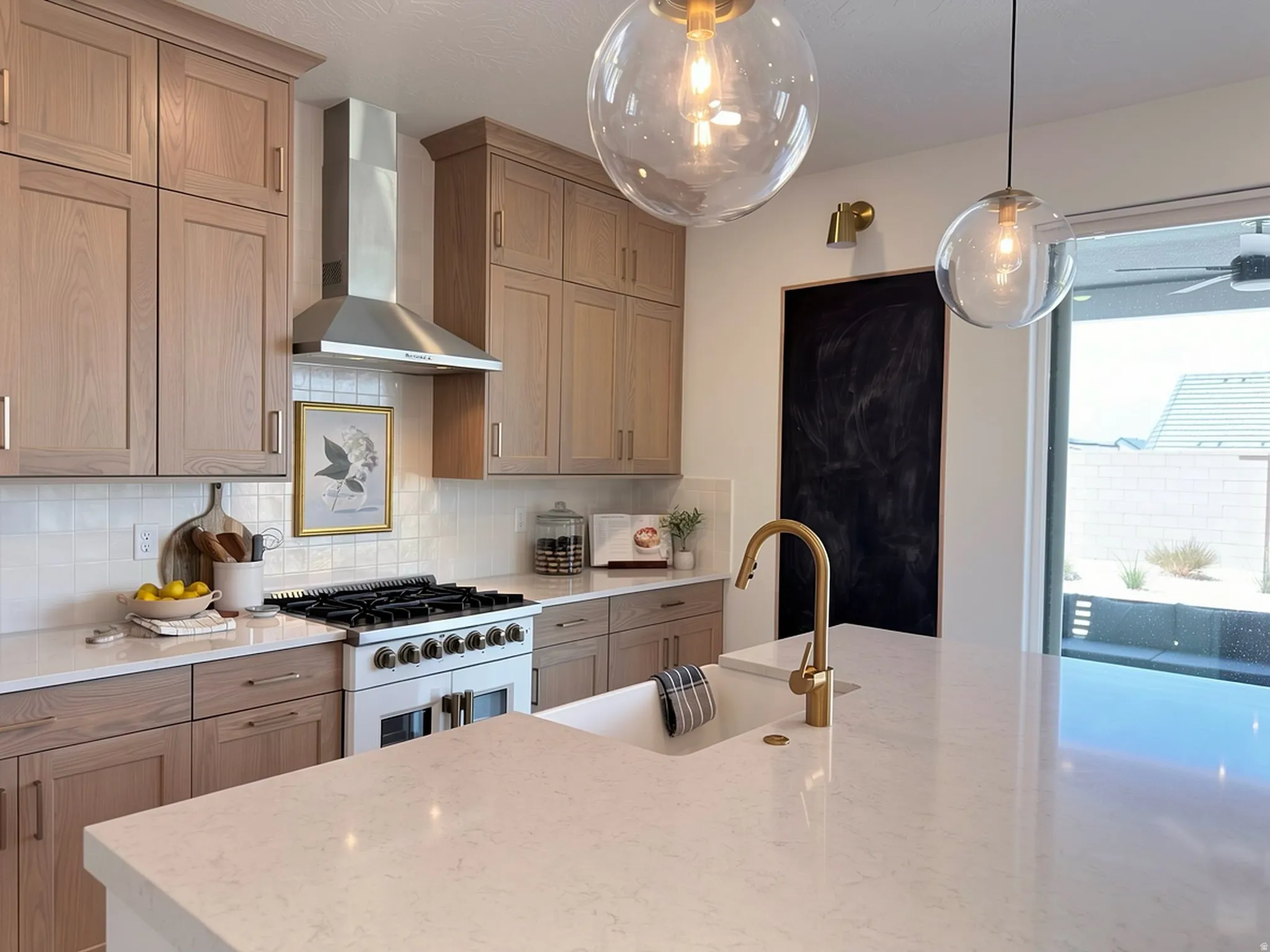 Gourmet kitchen featuring a white farmhouse sink, brass-finish faucet, and a large central island with a light-toned countertop