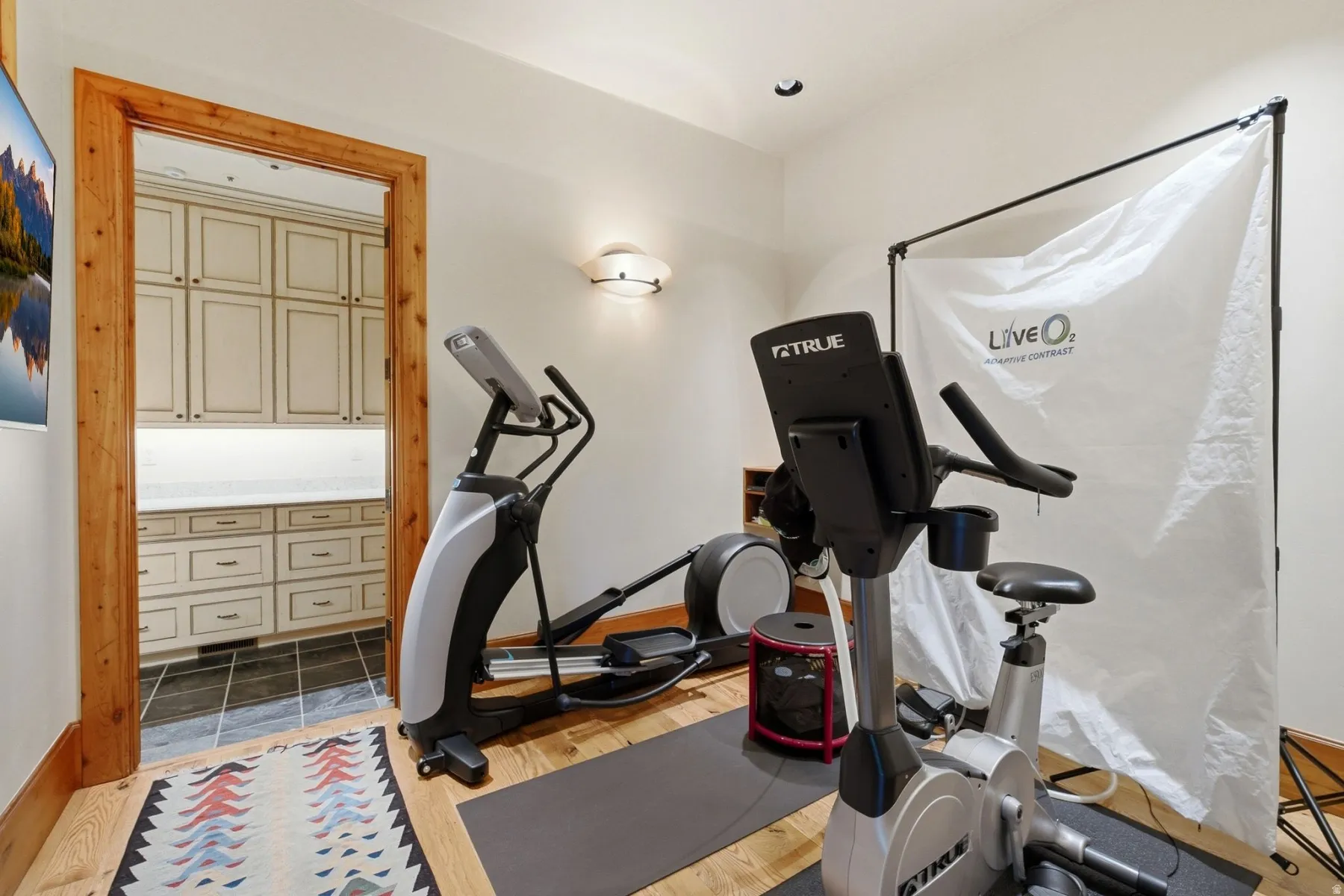 Dedicated recreation area with hardwood flooring and recessed lighting