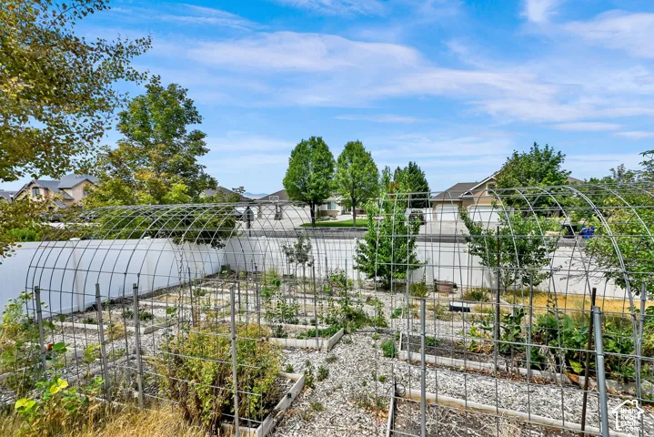 Expansive backyard garden featuring multiple raised beds and metal trellises