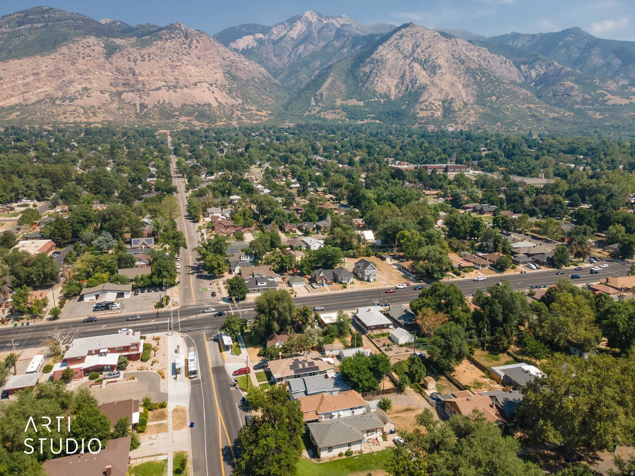 Aerial perspective showcasing a residential area with extensive tree coverage and distant mountains