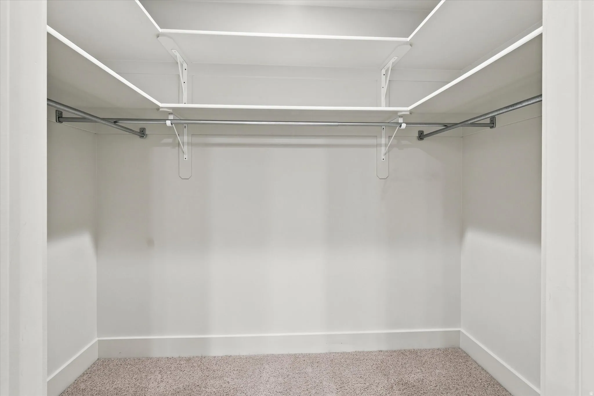 Walk-in closet featuring built-in shelving, chrome hanging rods, and neutral-toned carpeting