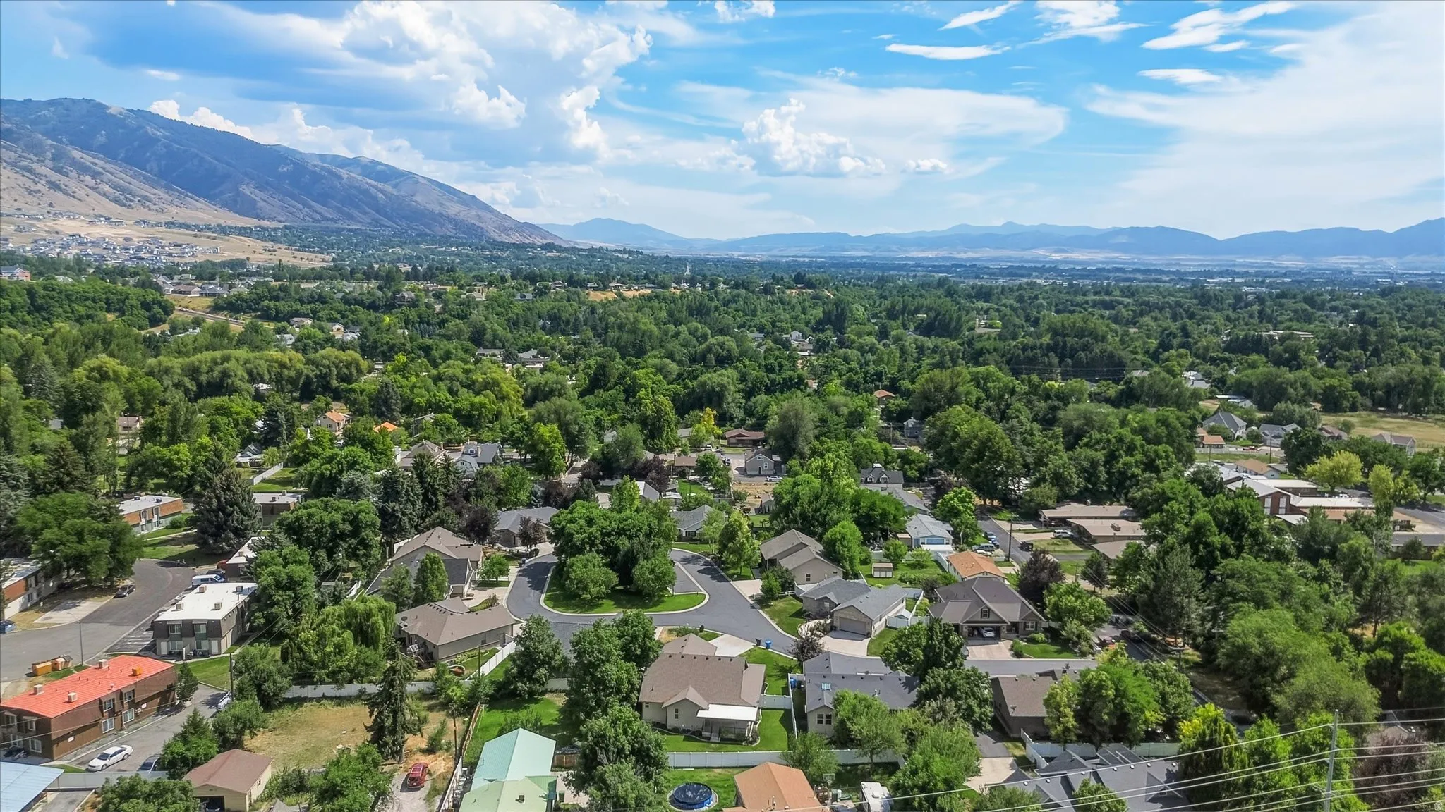 Expansive valley with a verdant tree canopy and residential properties, framed by distant mountains and a blue sky with clouds
