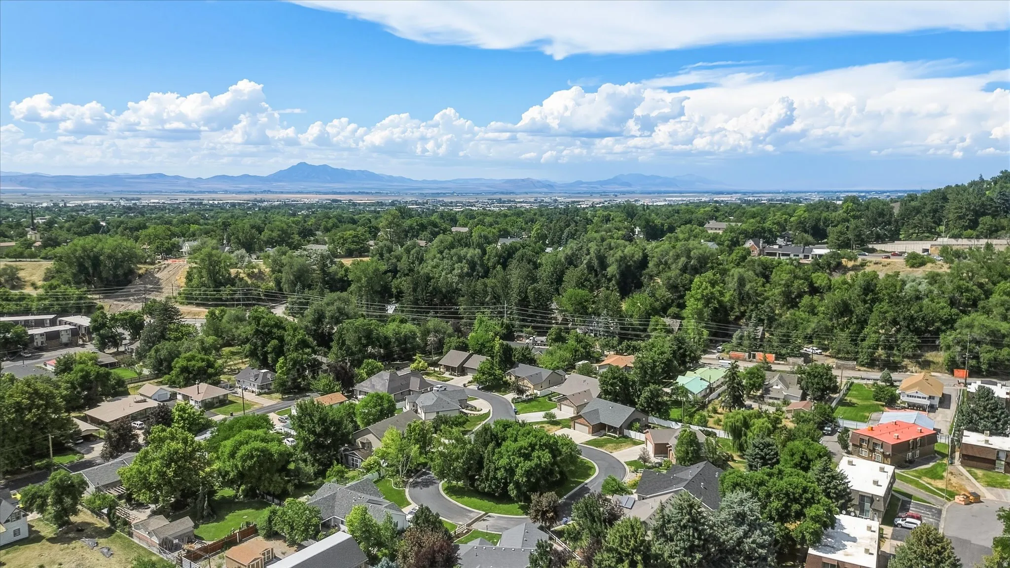 Expansive aerial perspective showcasing a residential neighborhood with mature trees