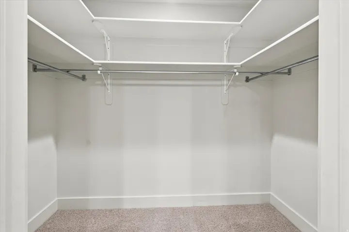 Walk-in closet featuring built-in shelving, chrome hanging rods, and neutral-toned carpeting