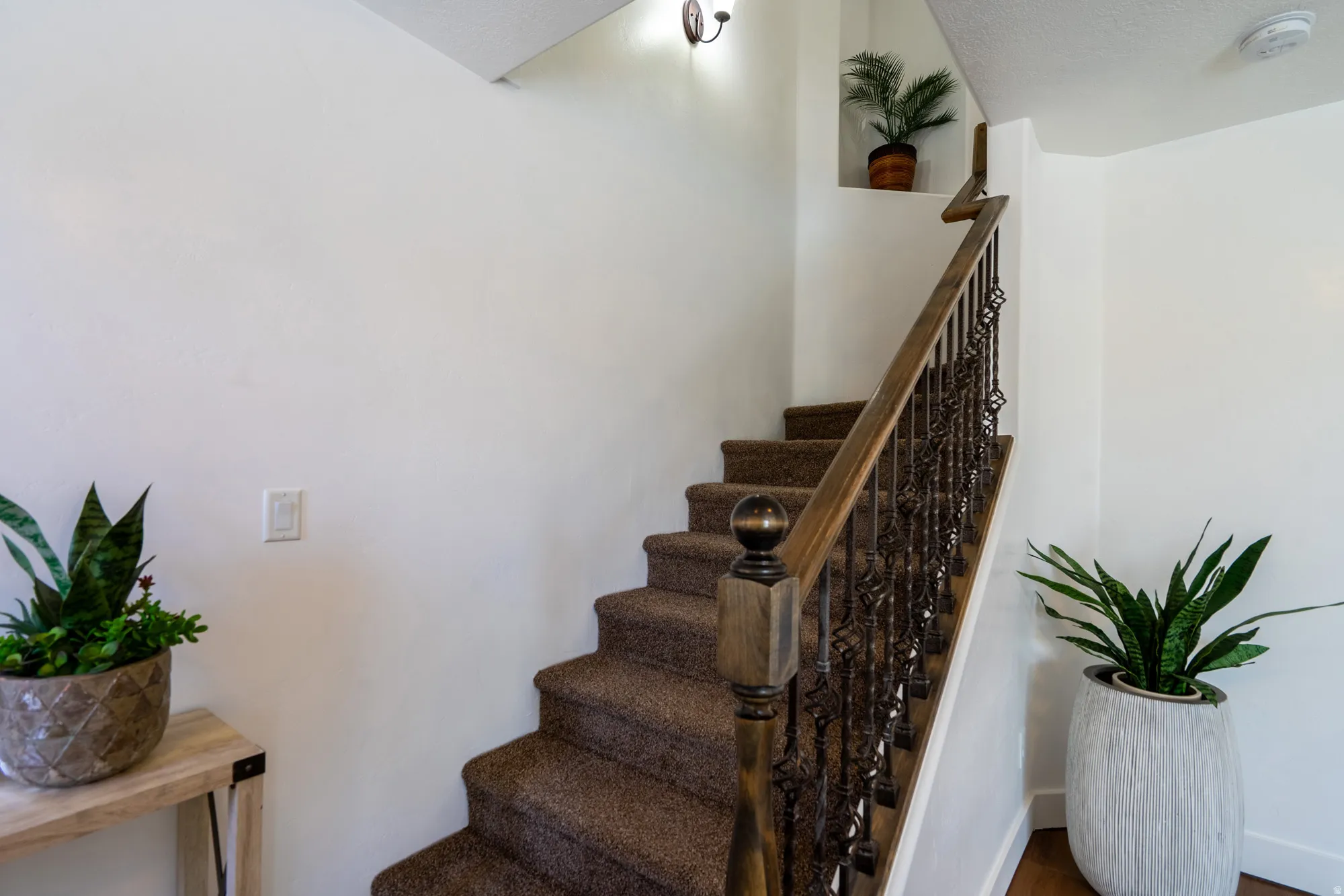 Carpeted staircase featuring a wood-finish handrail and ornate wrought iron balusters