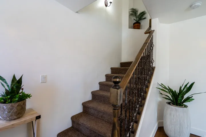 Carpeted staircase featuring a wood-finish handrail and ornate wrought iron balusters