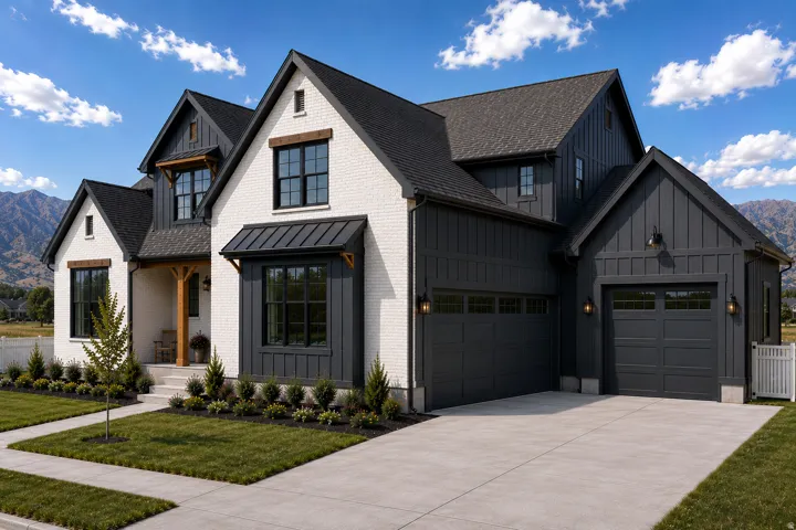 Exterior featuring white brick and dark board and batten siding, black framed windows, a two-car garage with carriage-style doors, and a concrete driveway