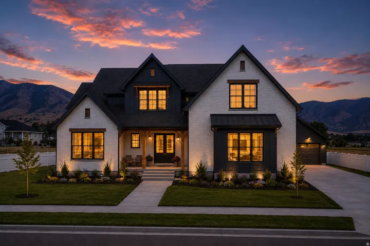 White brick exterior with dark trim accents, gabled rooflines, a covered front porch with wood columns, an attached garage, and a concrete driveway