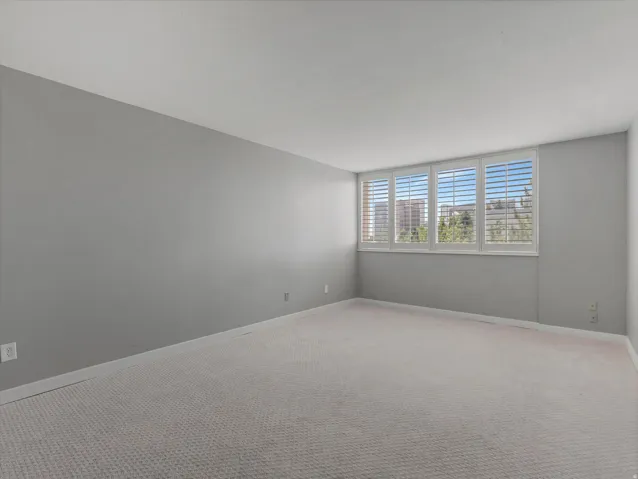 Spacious room featuring light gray walls, plush carpeting, and a window wall with multiple white-framed windows