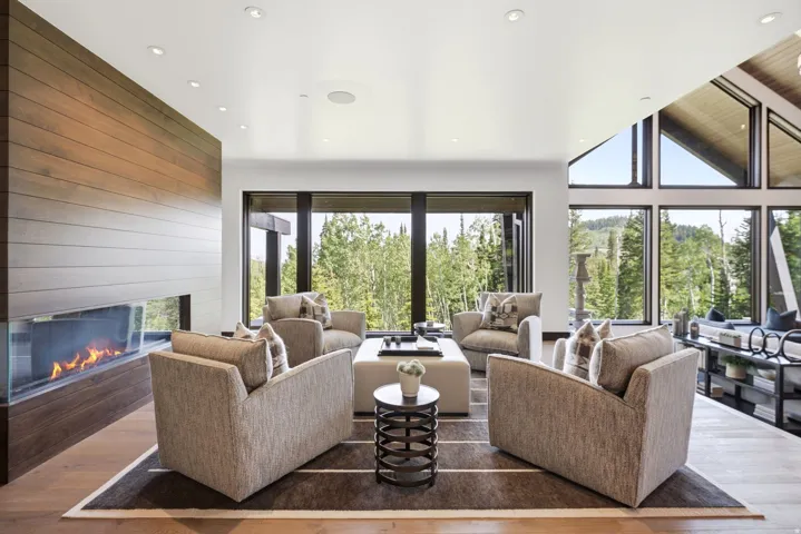 Open-concept living space with expansive floor-to-ceiling windows, showcasing a contemporary linear fireplace with a glass enclosure