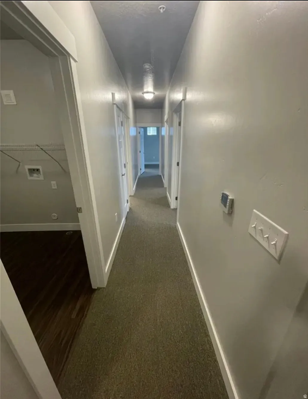 Hallway featuring neutral carpet flooring, recessed lighting, and crisp white trimwork