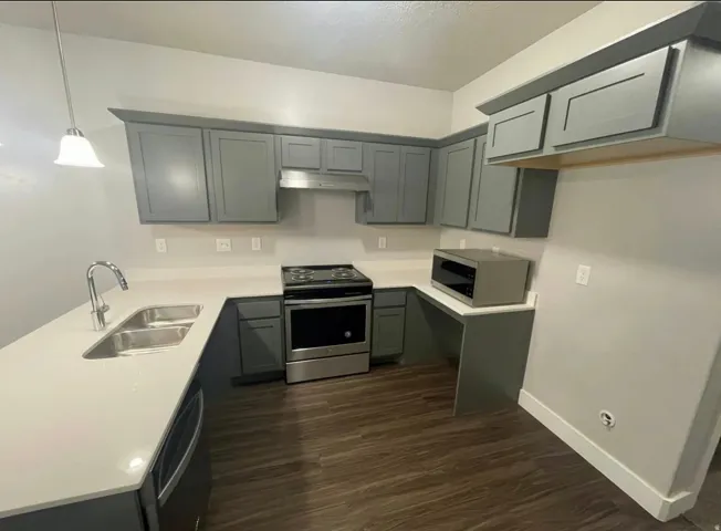 Kitchen featuring gray cabinetry, stainless steel appliances, light-toned countertops, a double basin sink, and wood-finish flooring