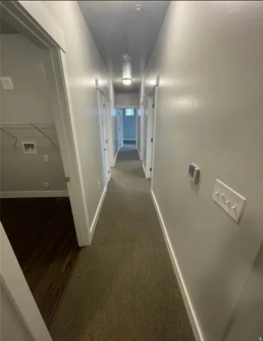 Hallway featuring neutral carpet flooring, recessed lighting, and crisp white trimwork