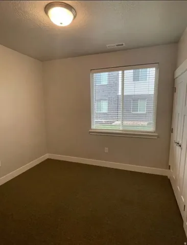 Carpeted interior space featuring a window with horizontal blinds, a white trim baseboard, a flush-mount ceiling light fixture, and a paneled door