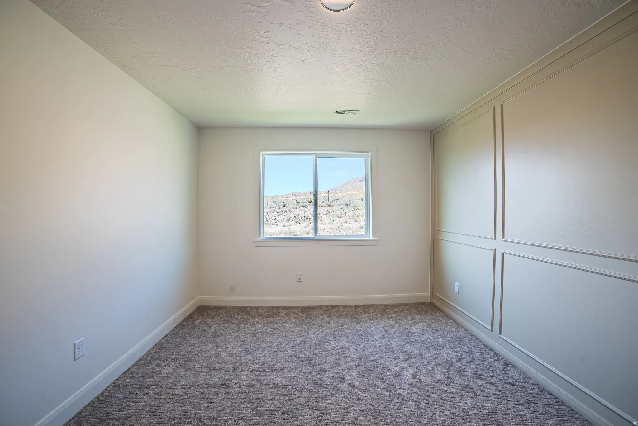 Room featuring a single window, textured ceiling, gray carpet flooring, and a decorative paneled accent wall