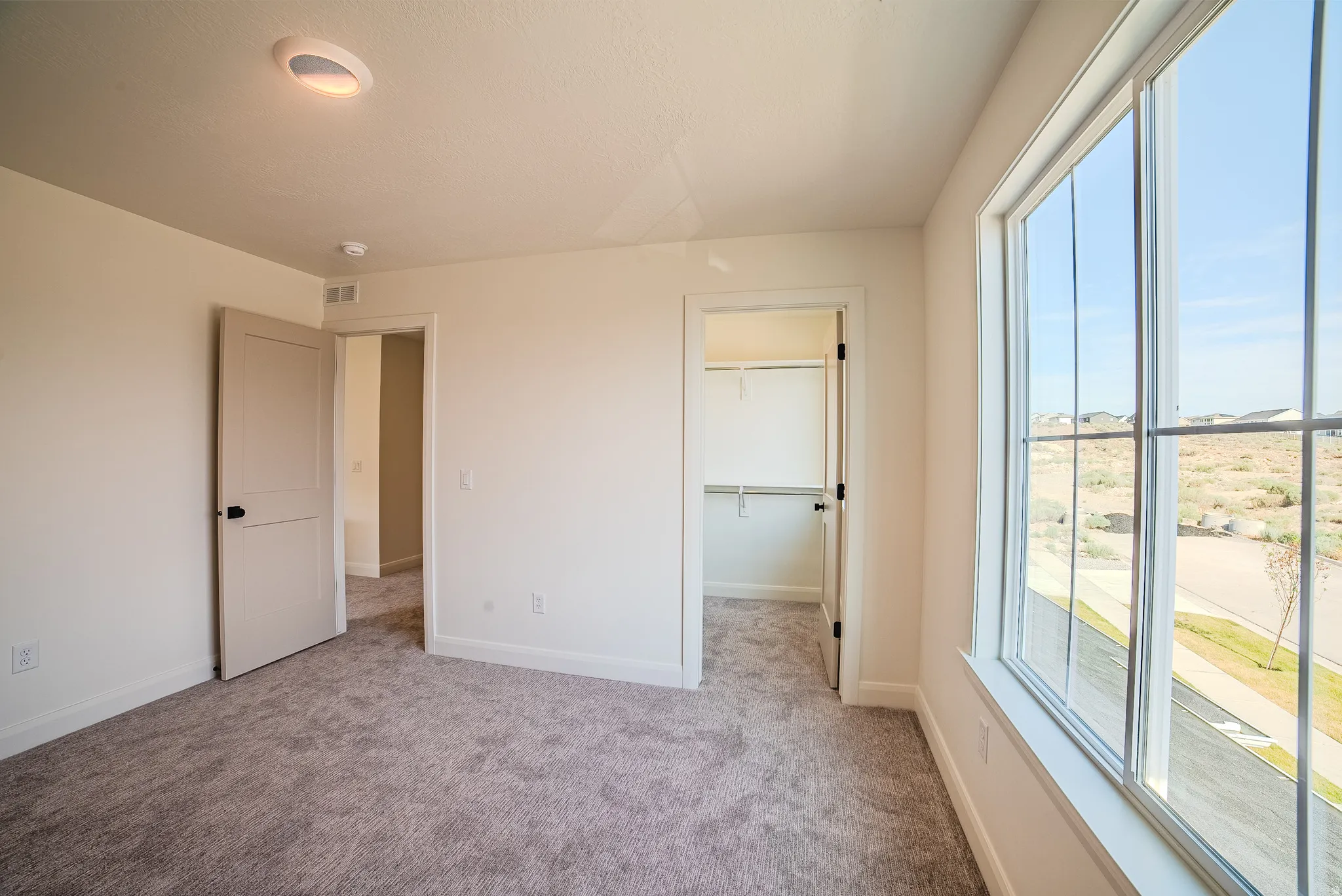 Room featuring a large window with grid pattern, neutral-toned carpeting, and a built-in closet with shelving