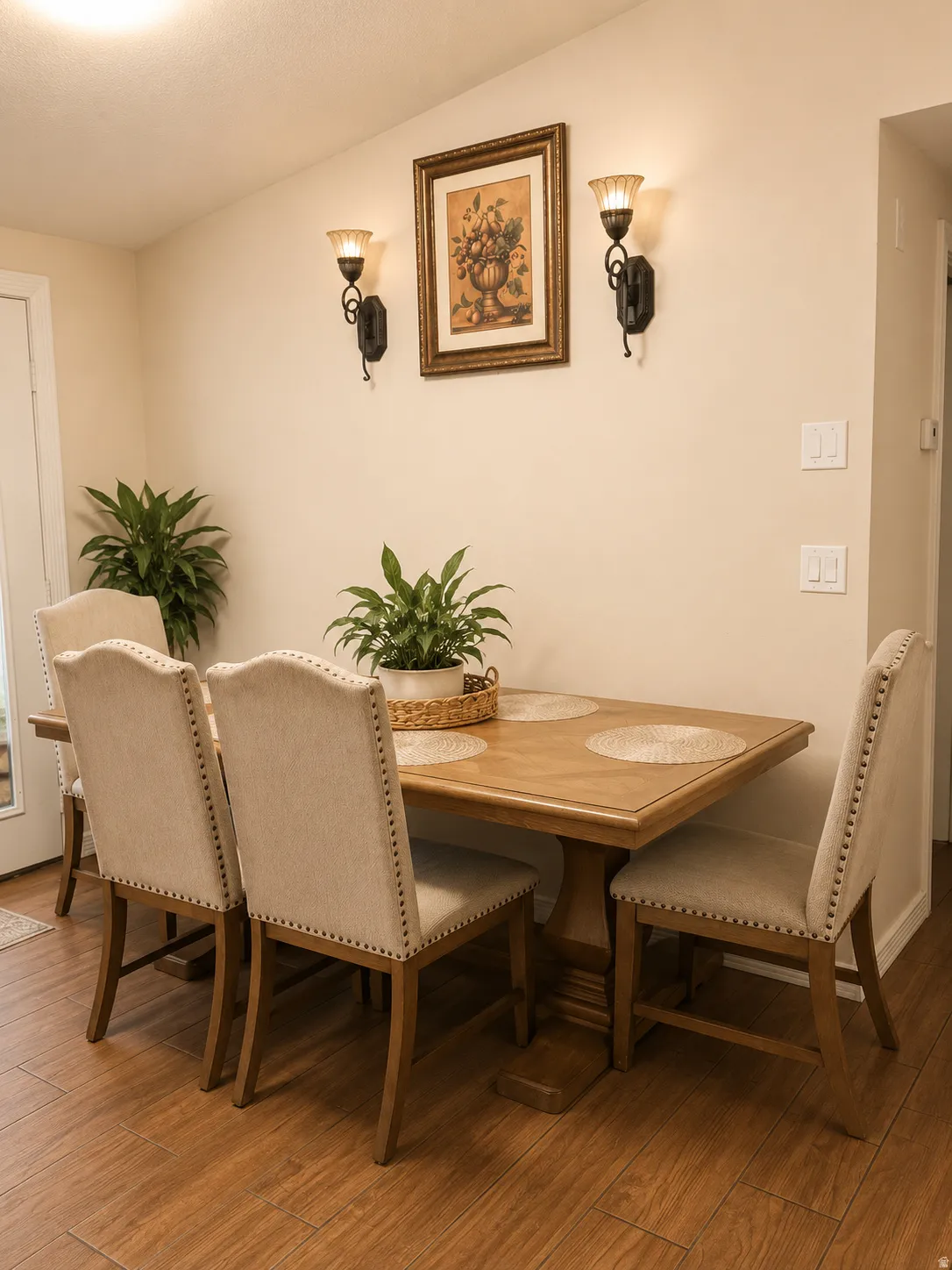 Warm wood-finish flooring complements the neutral wall color